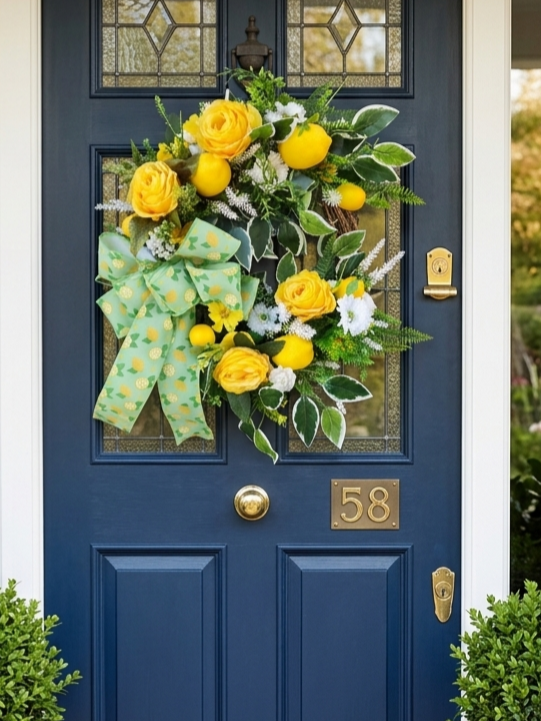Lemon Artificial Flower Wreath – Summer Front Door Decor | Farmhouse Citrus Wreath