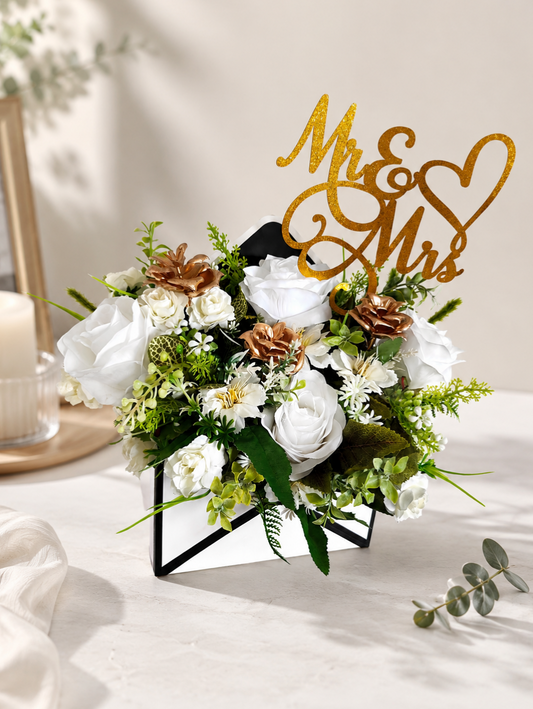 Mr & Mrs Artificial Flower Envelope – White & Gold