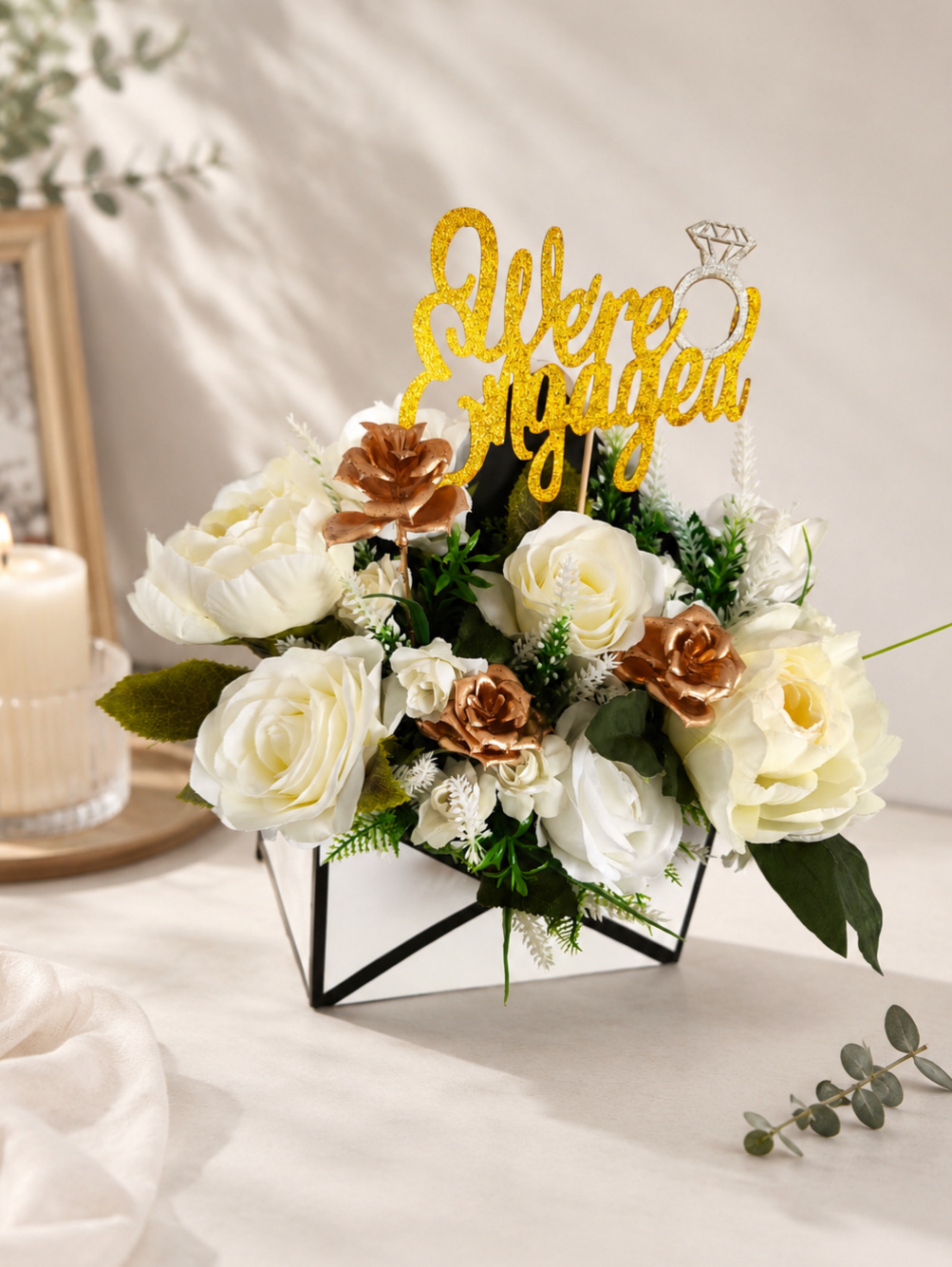We're Engaged Artificial Flower Envelope – White & Gold