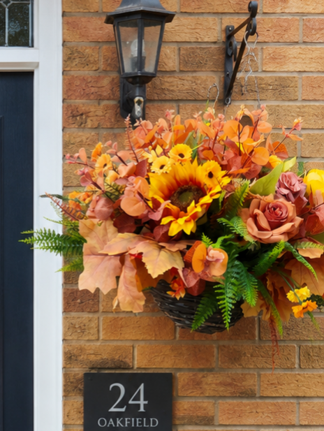 Pumpkin Spice Autumn Artificial Flower Hanging Basket 10 inch