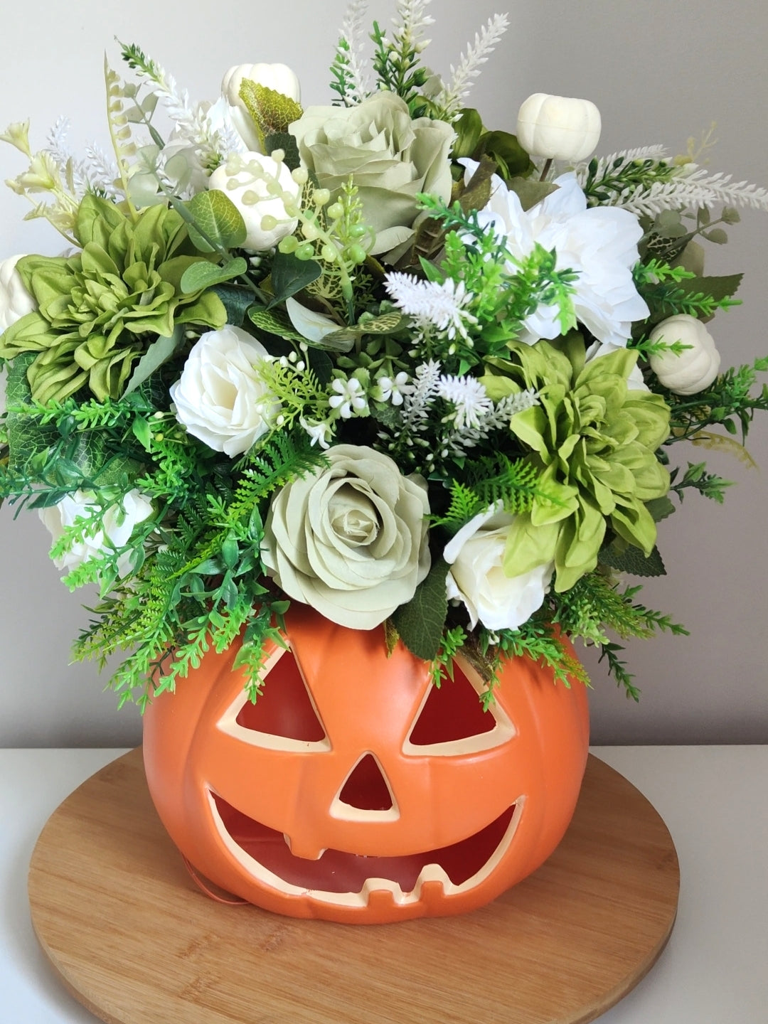 Pumpkin Sage Green White Artificial Flower Arrangement