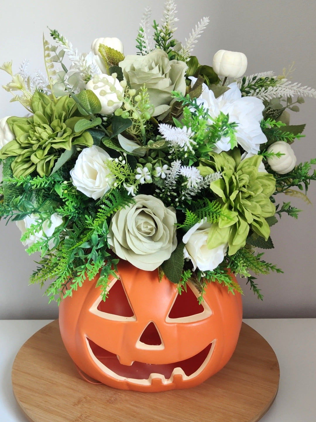 Pumpkin Sage Green White Artificial Flower Arrangement