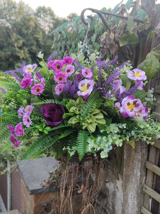 Sage Green Purple Artificial Flower Hanging Basket 10 inch