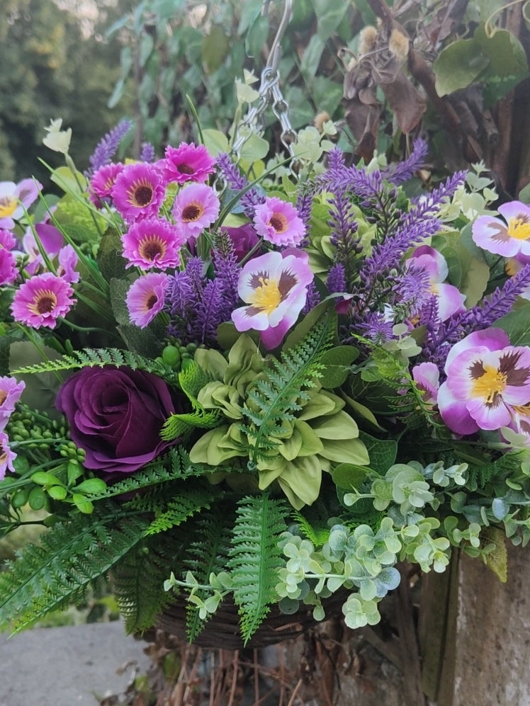 Sage Green Purple Artificial Flower Hanging Basket 10 inch