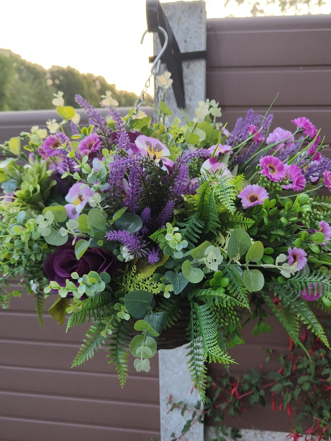 Sage Green Purple Artificial Flower Hanging Basket 10 inch