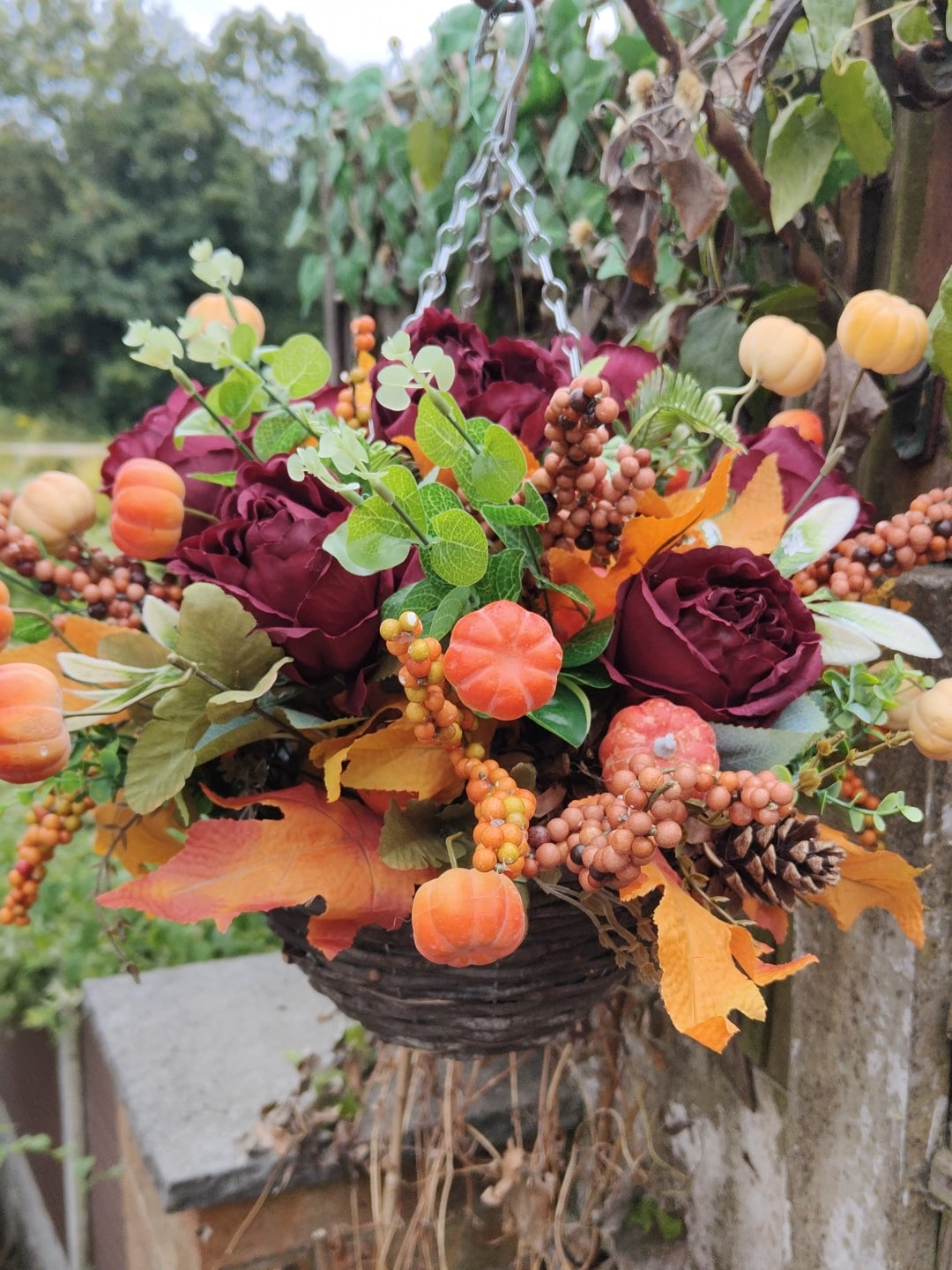 Pumpkin Burgundy Autumn Artificial Flower Hanging Basket 10 inch