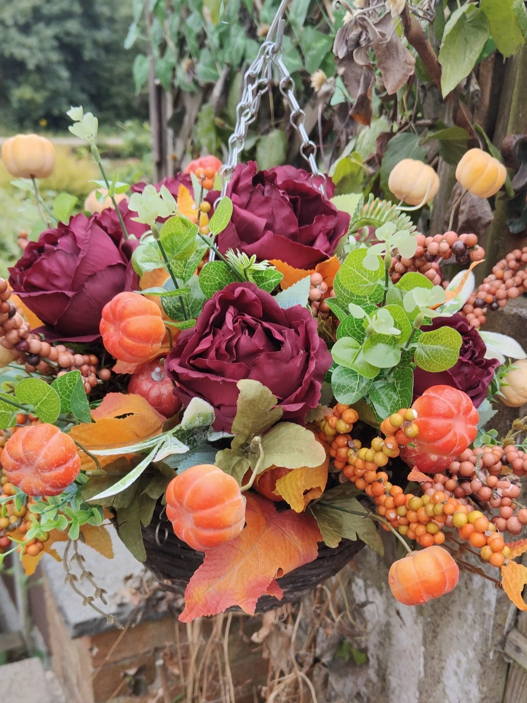 Pumpkin Burgundy Autumn Artificial Flower Hanging Basket 10 inch