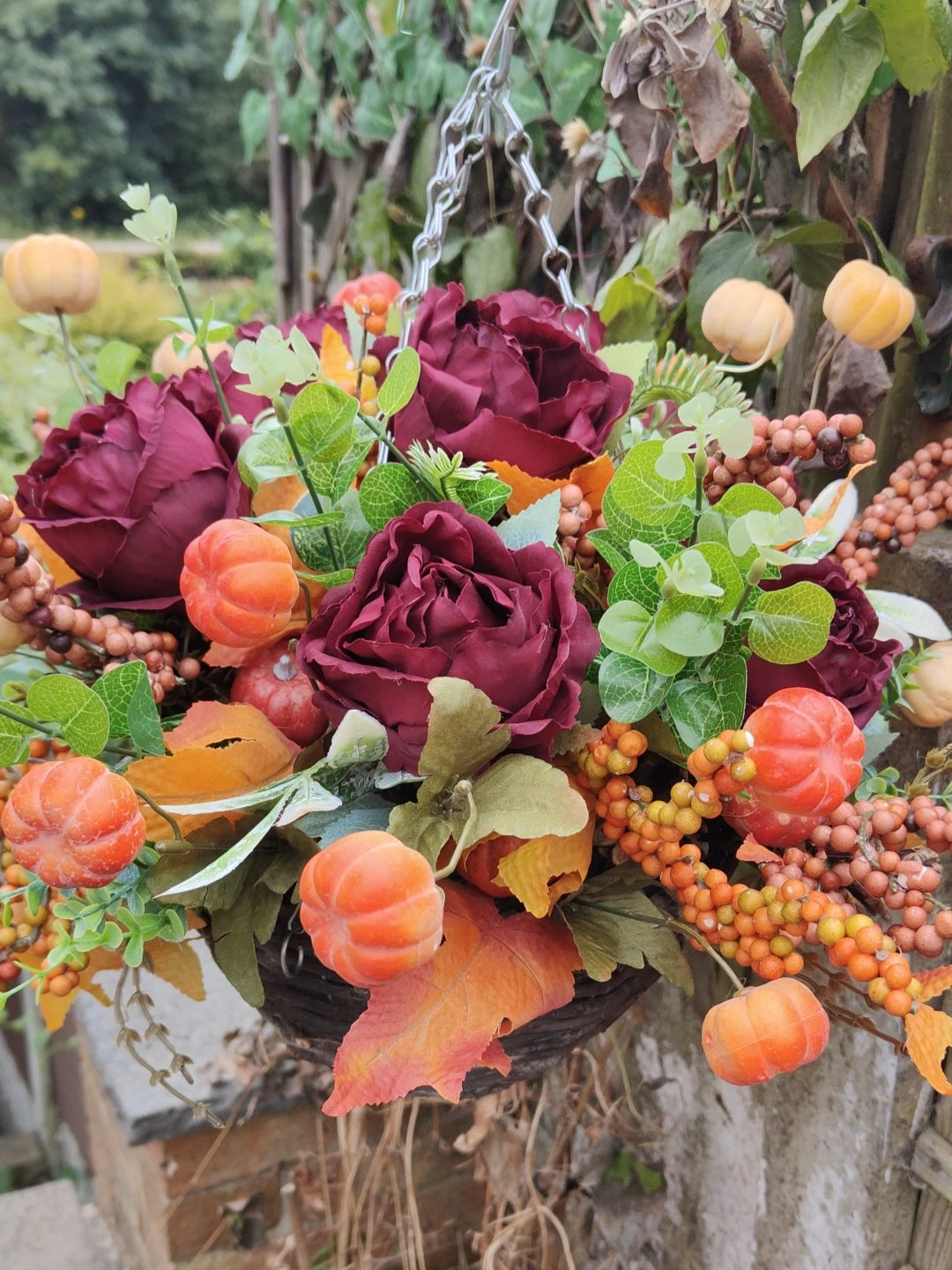 Pumpkin Burgundy Autumn Artificial Flower Hanging Basket 10 inch