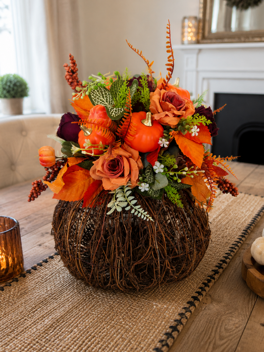 Pumpkin Rattan Artificial Flower Arrangement – Autumn Table Centrepiece