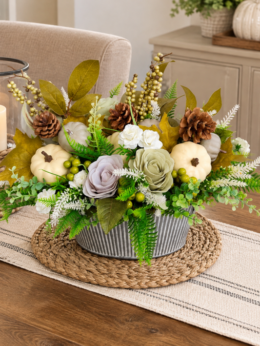 Grey & Sage Green Artificial Flower Pumpkin Arrangement  Farmhouse Autumn Planter