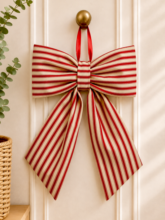 Red & Cream Ticking Stripe Christmas Bow  Large Hanging Bow
