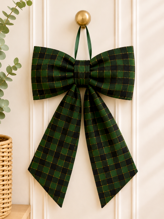 Green & Gold Buffalo Check Gingham Christmas Bow Large Hanging Bow
