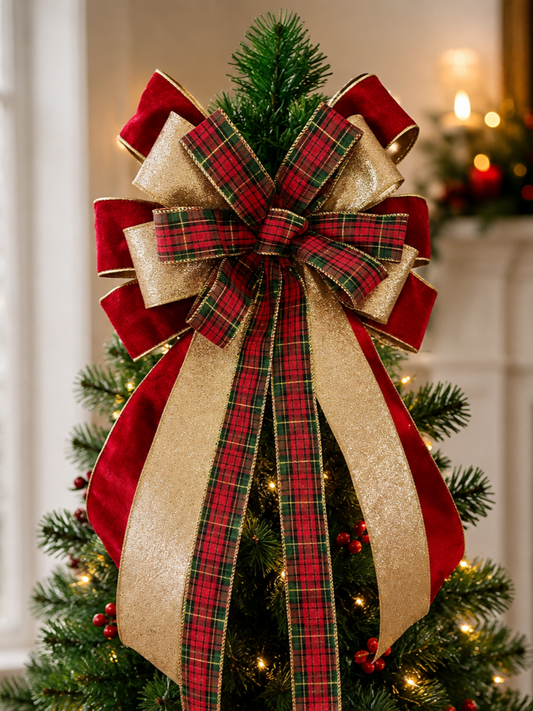 Red Gold Tartan Christmas Tree Topper Bow 14 inch