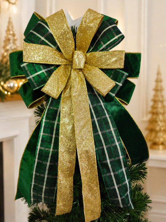 Green Gold Tartan Christmas Tree Topper Bow 14 inch