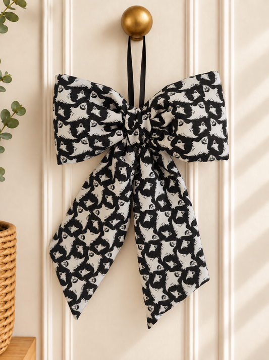 Large Black & White Ghost Print Halloween Hanging Bow