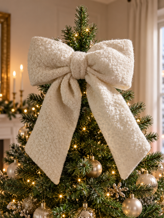 Ivory Boucle Christmas Hanging Bow Tree Topper