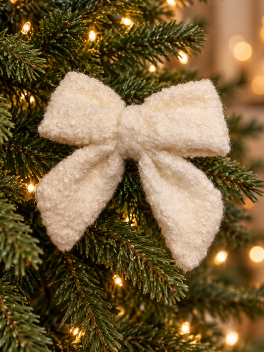 Ivory White Bouclé Christmas Tree Bows – 5.5 Inch