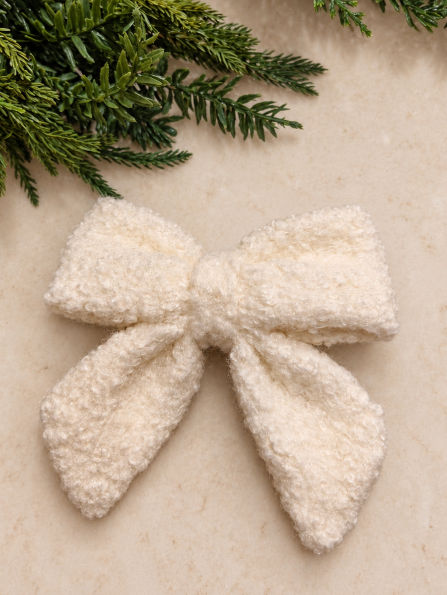 Ivory White Bouclé Christmas Tree Bows – 5.5 Inch