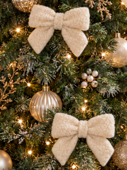Ivory White Bouclé Christmas Tree Bows – 5.5 Inch