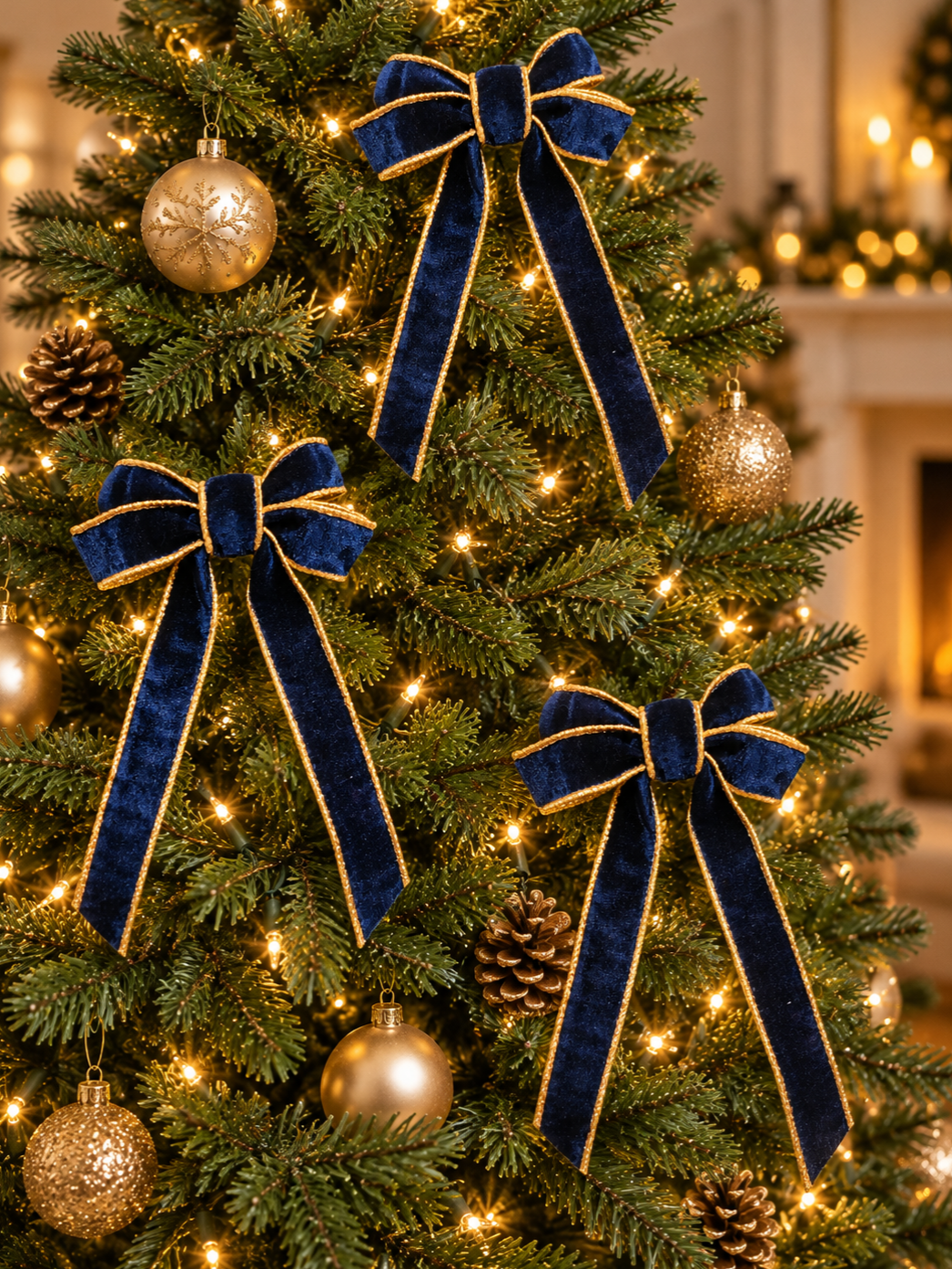 Blue Velvet Christmas Tree Bow with Gold Trim – 4 Inch