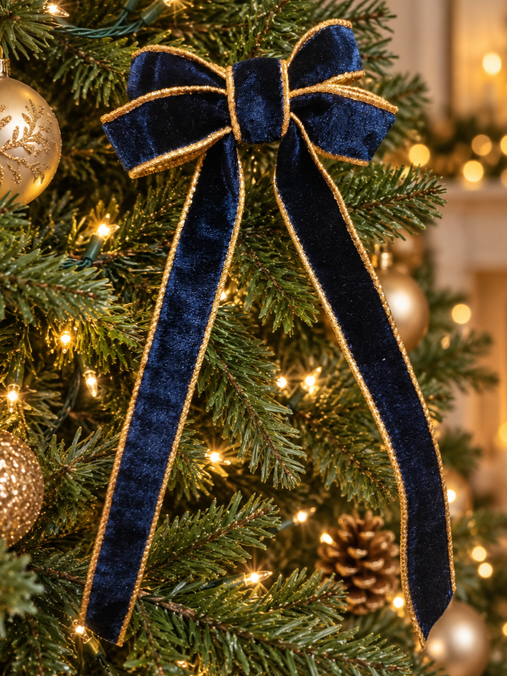 Blue Velvet Christmas Tree Bow with Gold Trim – 4 Inch