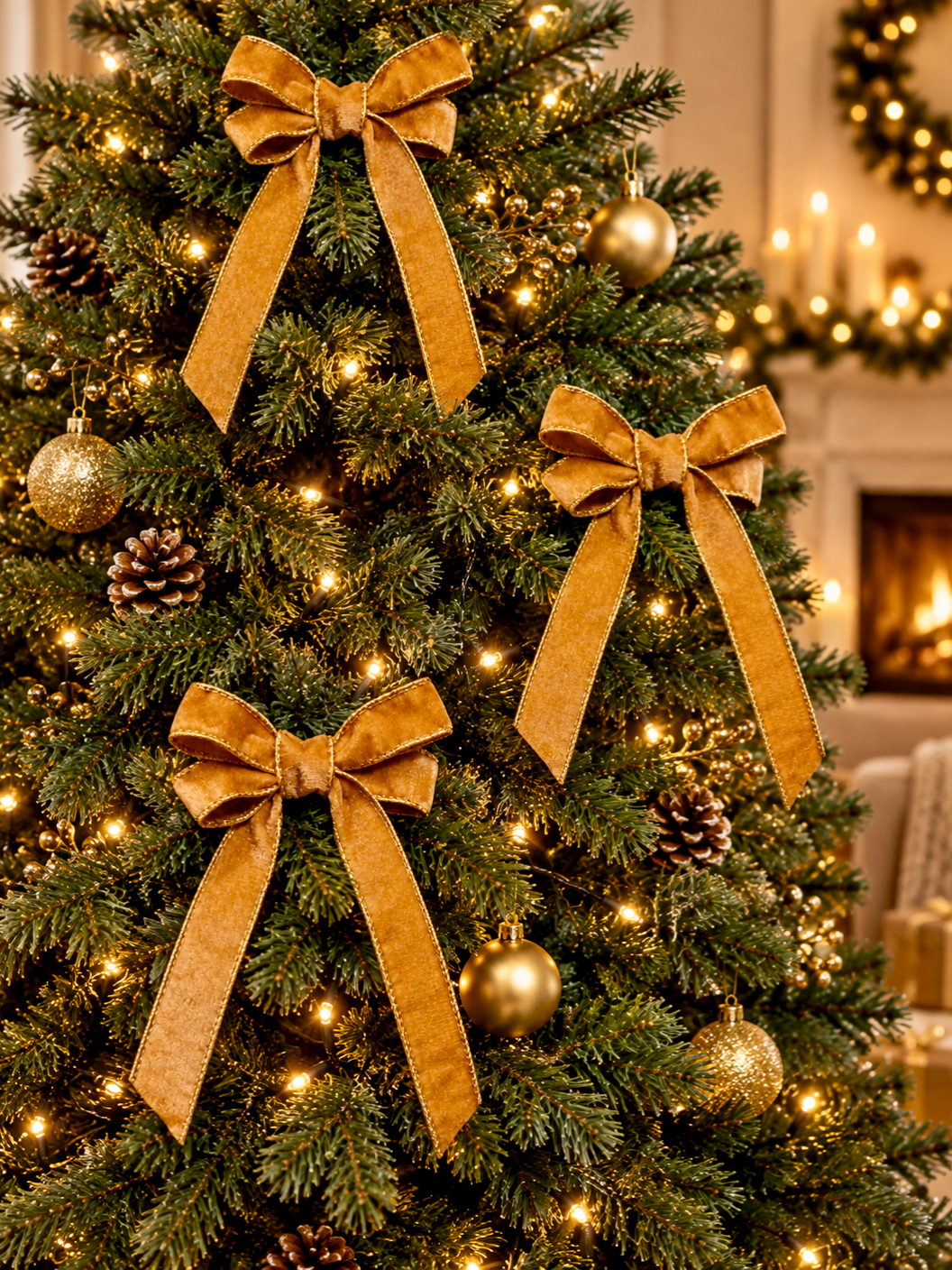Gold Velvet Christmas Tree Bow with Gold Trim – 4 Inch