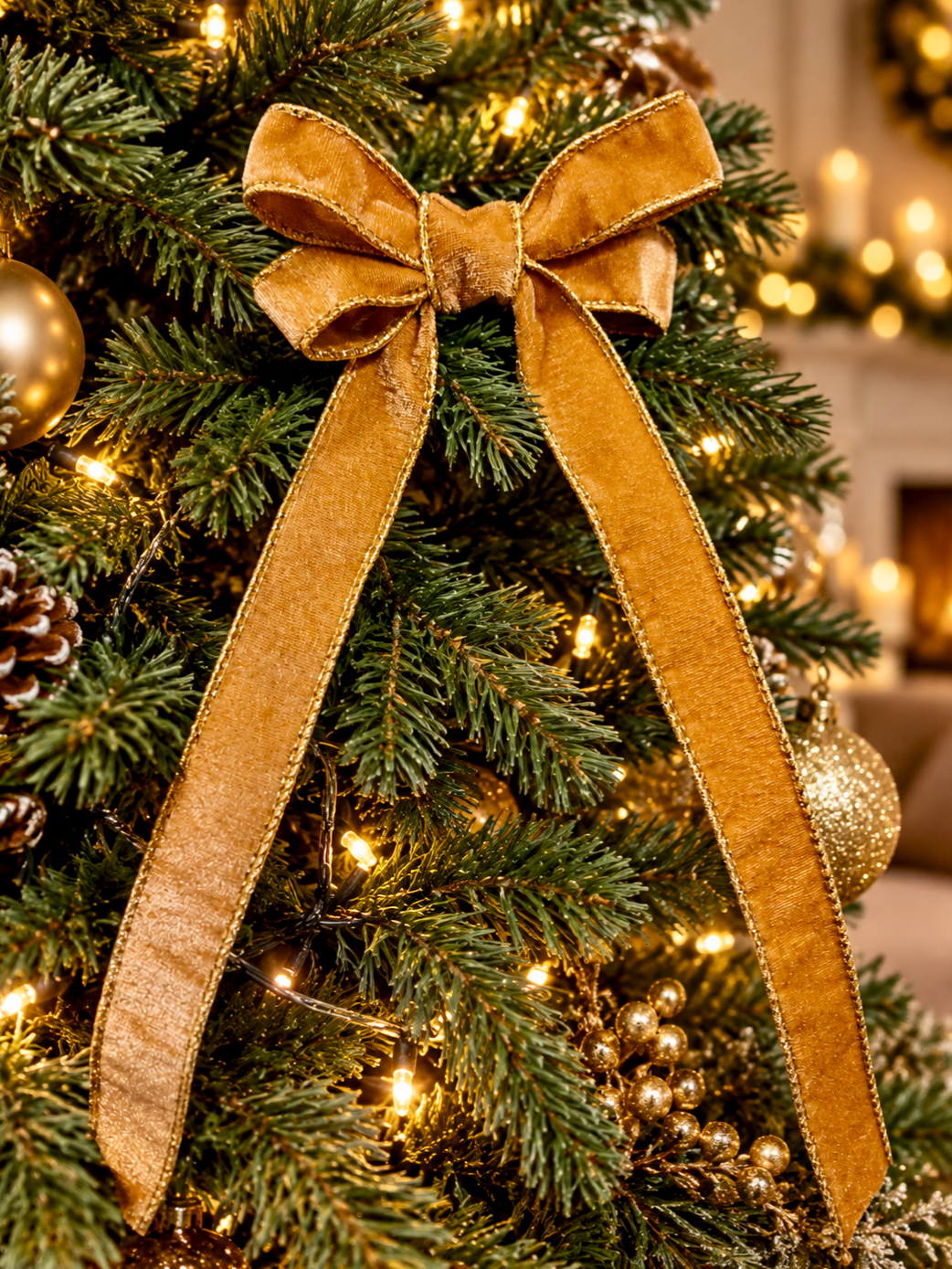 Gold Velvet Christmas Tree Bow with Gold Trim – 4 Inch