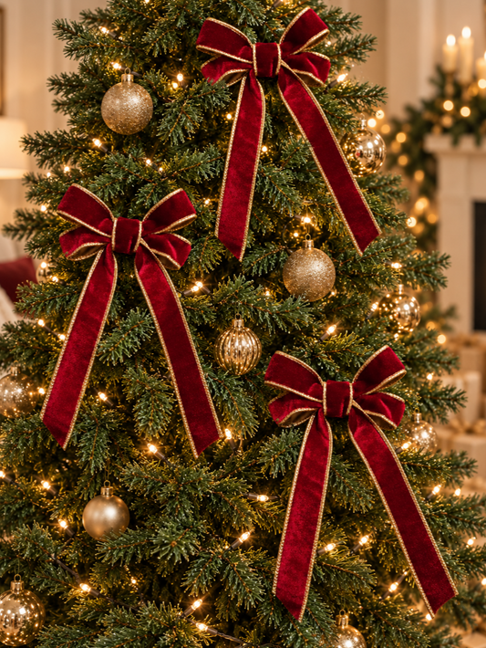 Red Velvet Christmas Tree Bow with Gold Trim – 4 Inch