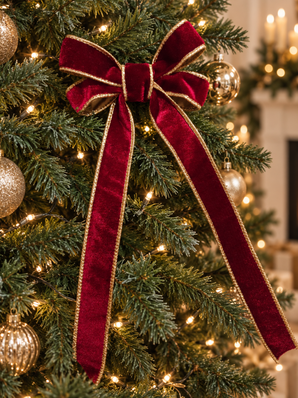 Red Velvet Christmas Tree Bow with Gold Trim – 4 Inch