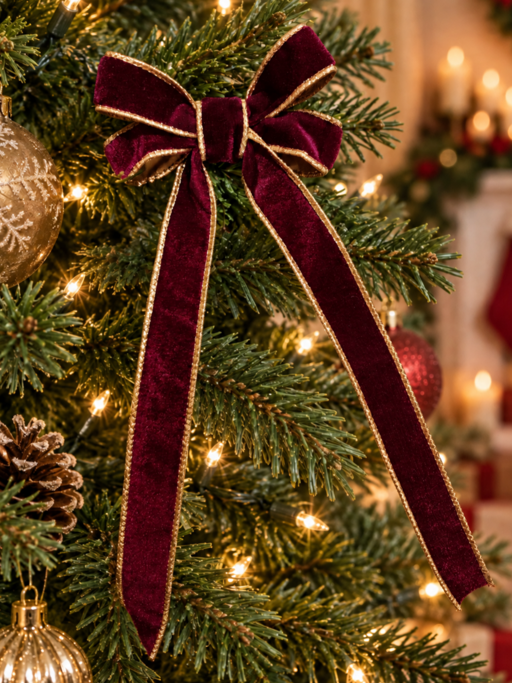 Burgundy Velvet Christmas Tree Bow with Gold Trim – 4 Inch