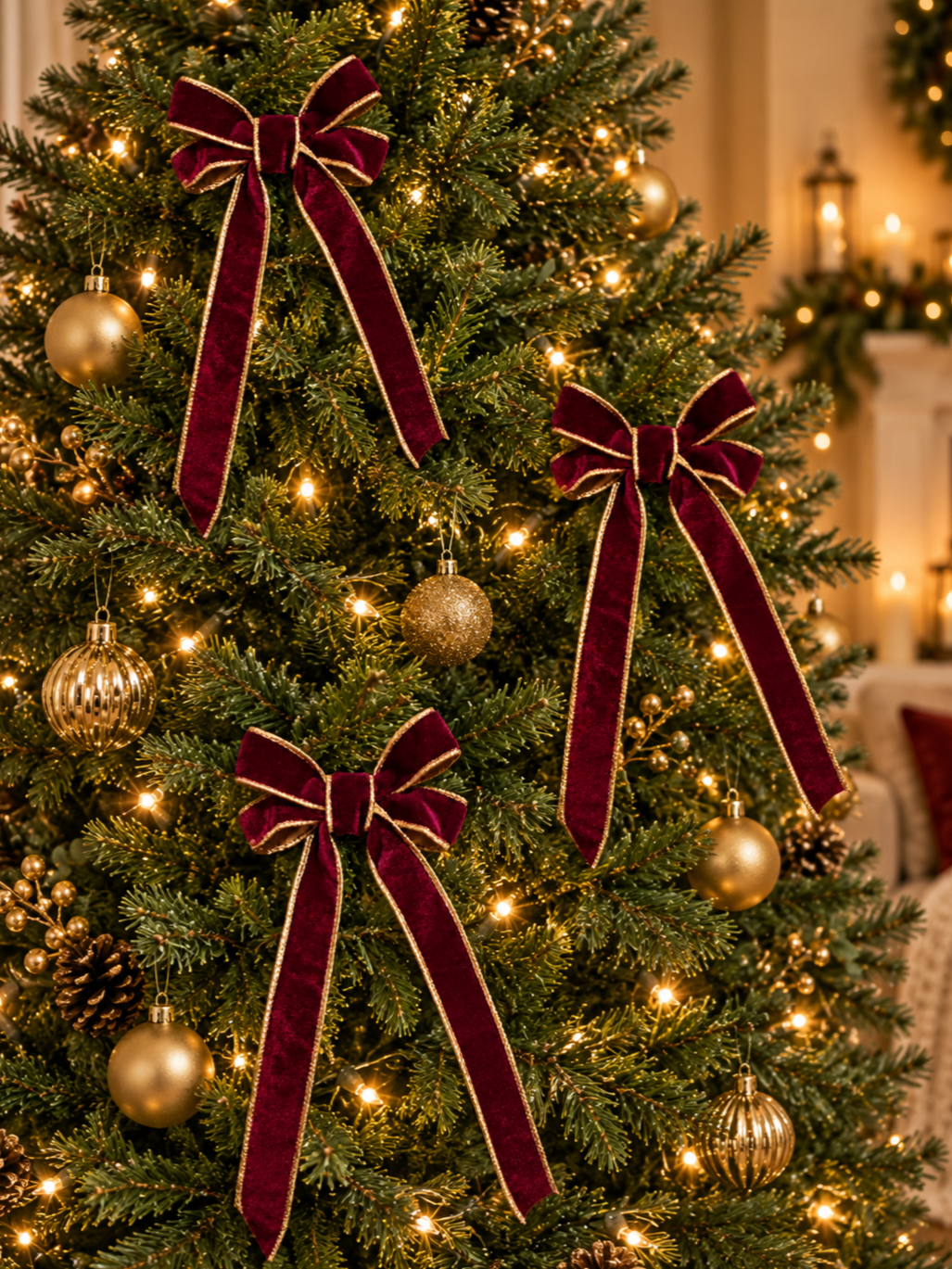Burgundy Velvet Christmas Tree Bow with Gold Trim – 4 Inch