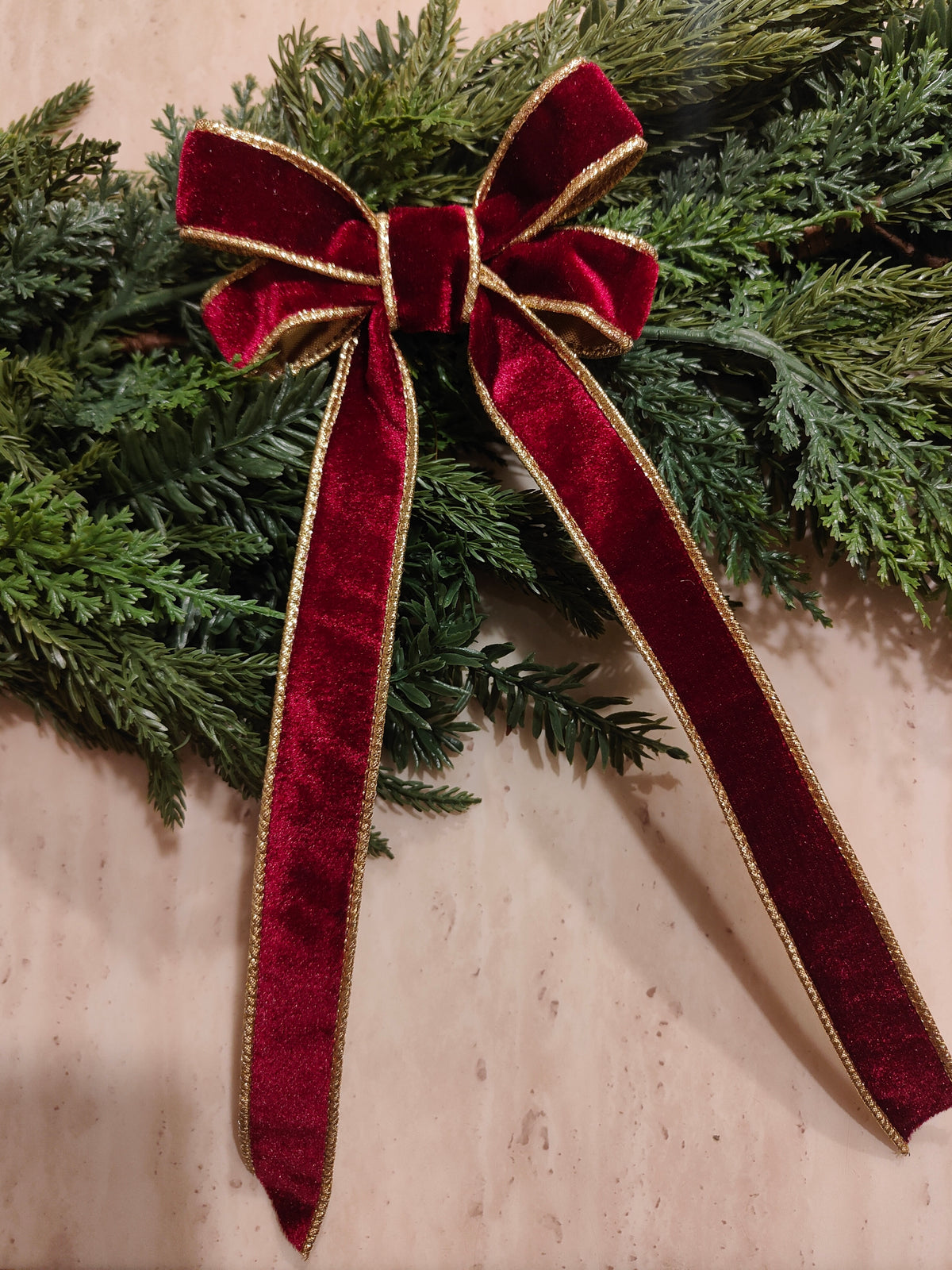 Burgundy Velvet Christmas Tree Bow with Gold Trim – 4 Inch