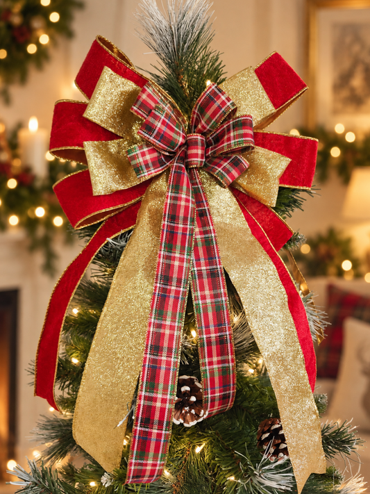 Traditional Red Gold Tartan Christmas Tree Topper Bow 14 inch