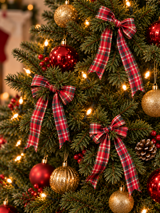 Red Tartan Christmas Tree Bow with Gold Trim – 4 Inch