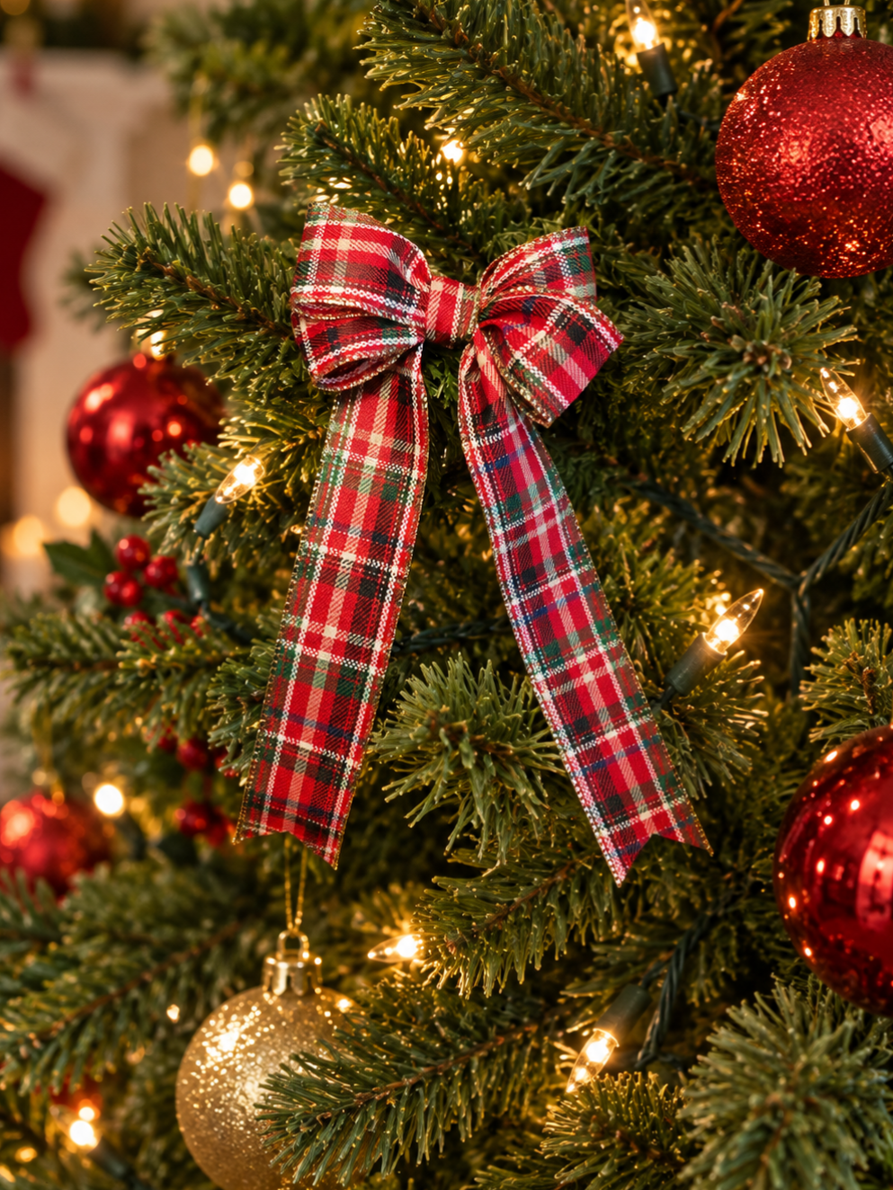 Red Tartan Christmas Tree Bow with Gold Trim – 4 Inch