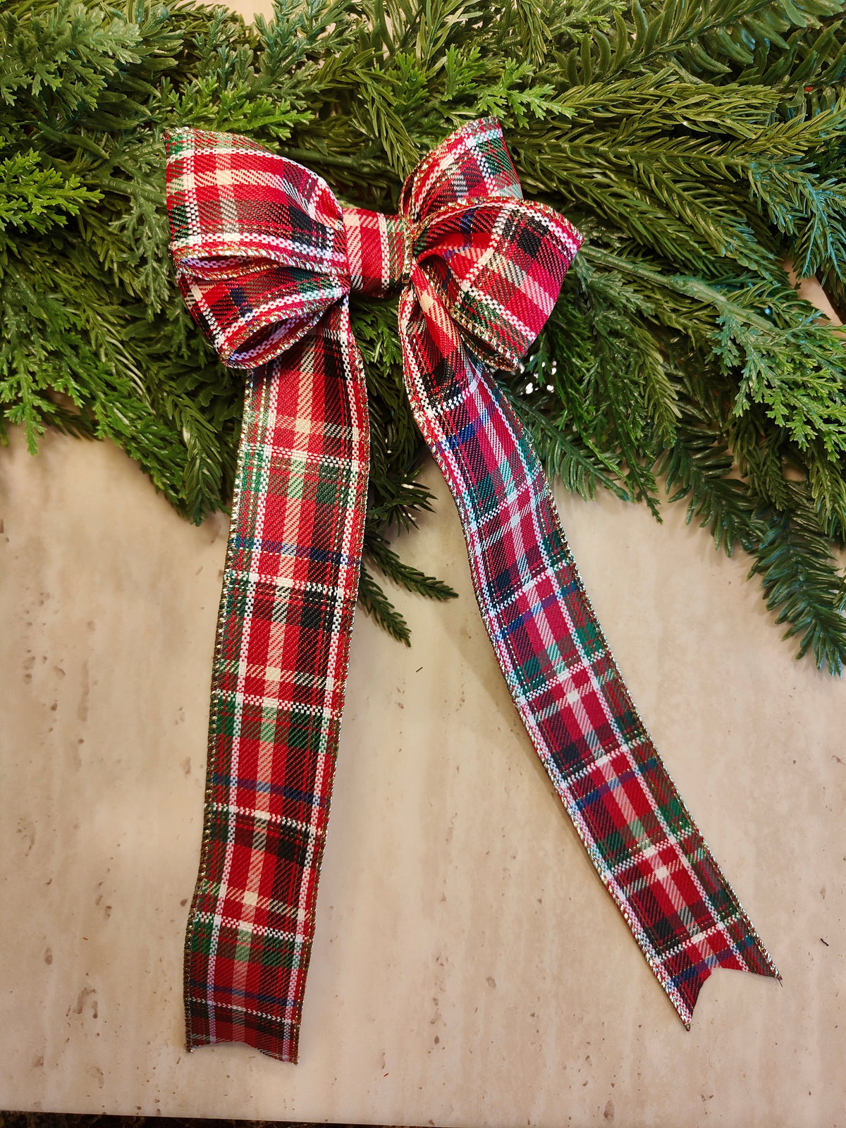 Red Tartan Christmas Tree Bow with Gold Trim – 4 Inch