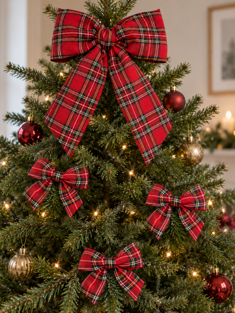 Red Tartan Christmas Tree Bows – 5.5 Inch
