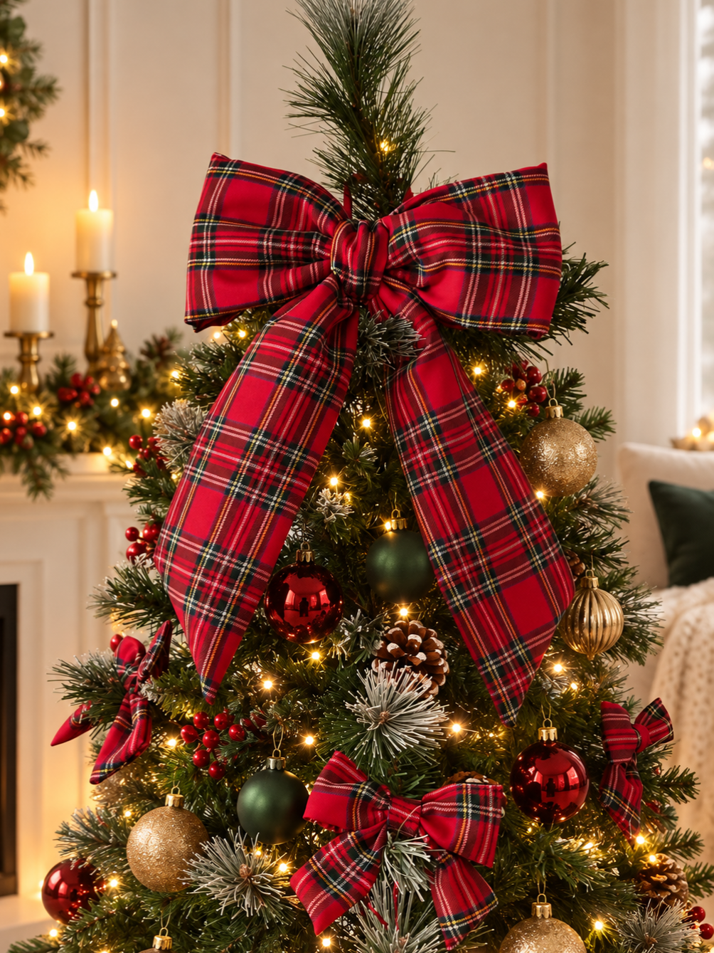Red Stewart Tartan Hanging Bow – Christmas Tree Topper