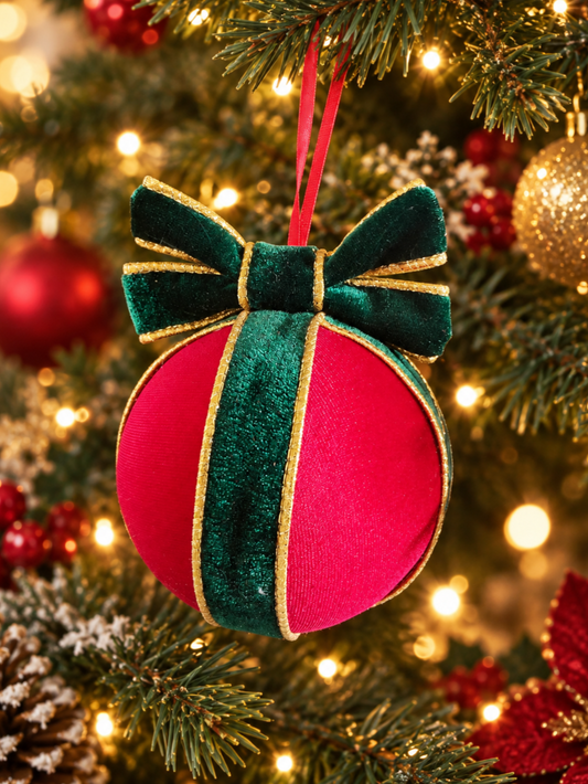 Handmade Red Velvet Christmas Bauble Decoration – Green and Gold Bow – Luxury Tree Ornament