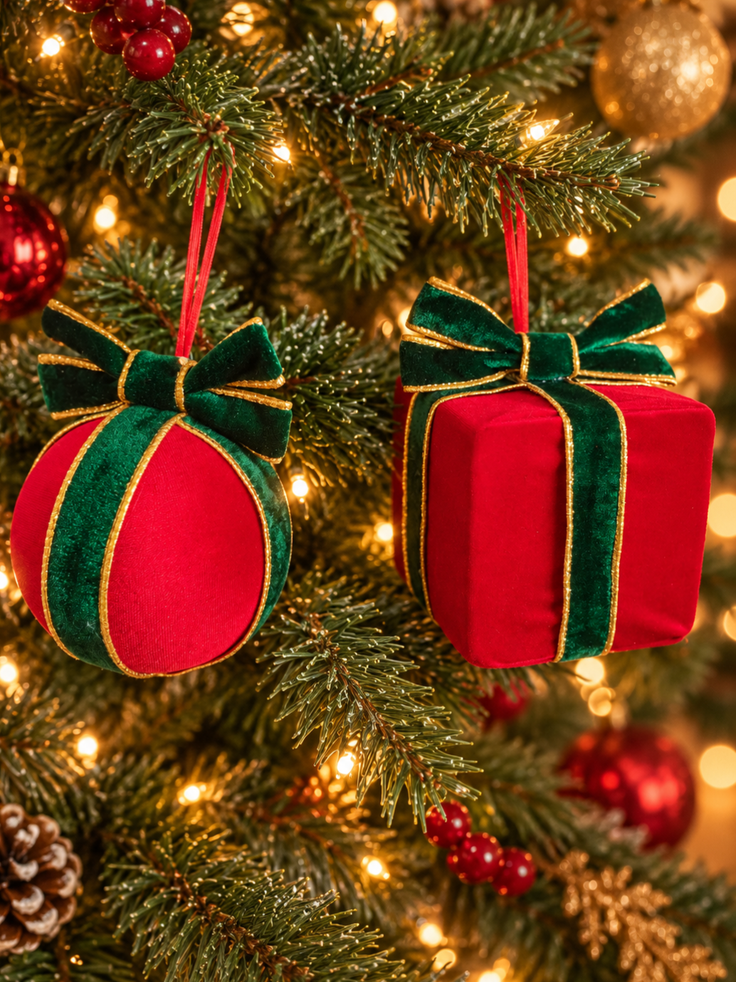 Handmade Red Velvet Present Christmas Tree Decoration – Green and Gold Gift Ornament