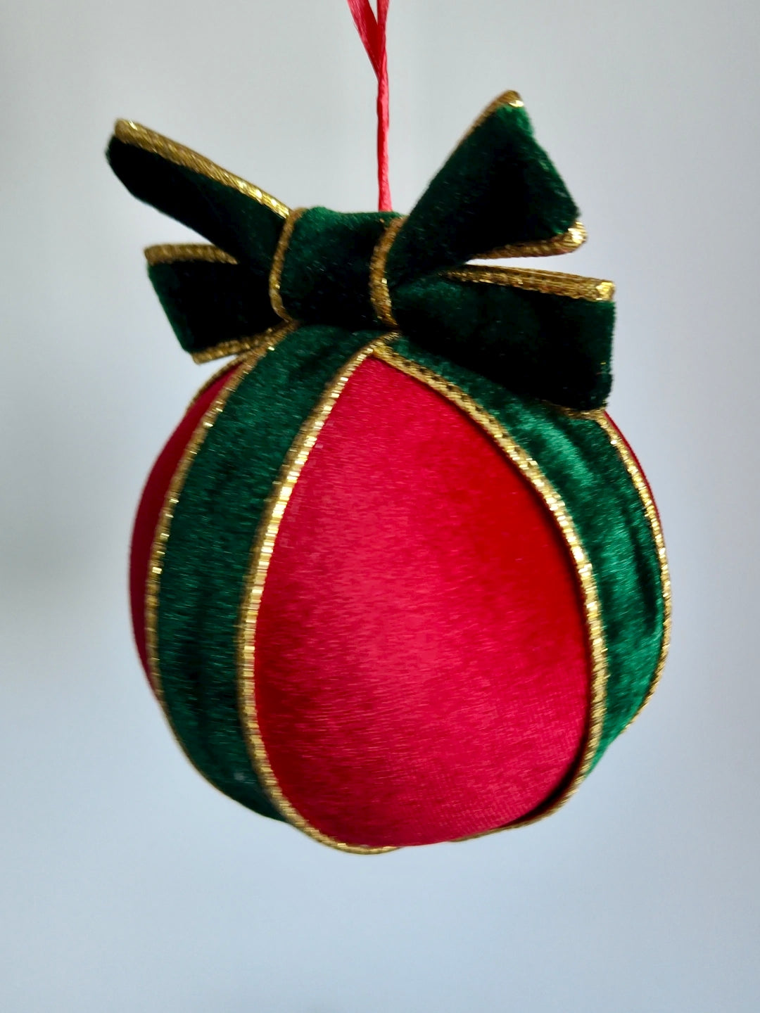 Handmade Red Velvet Christmas Bauble Decoration – Green and Gold Bow – Luxury Tree Ornament