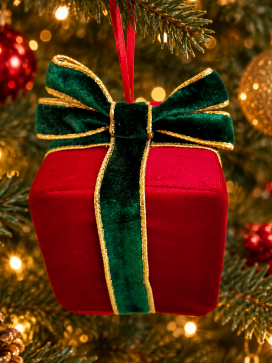 Handmade Red Velvet Present Christmas Tree Decoration – Green and Gold Gift Ornament