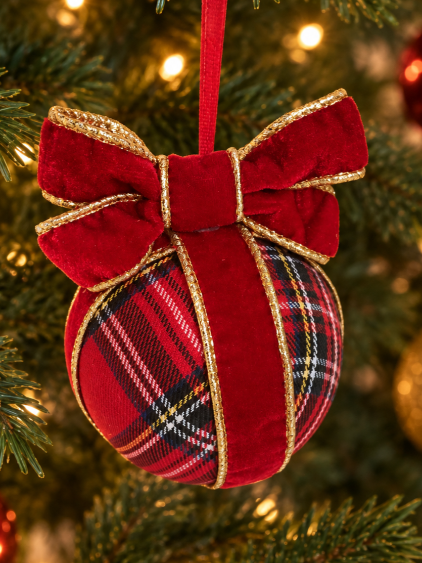 Handmade Red Tartan Christmas Bauble – Traditional Fabric Tree Decoration