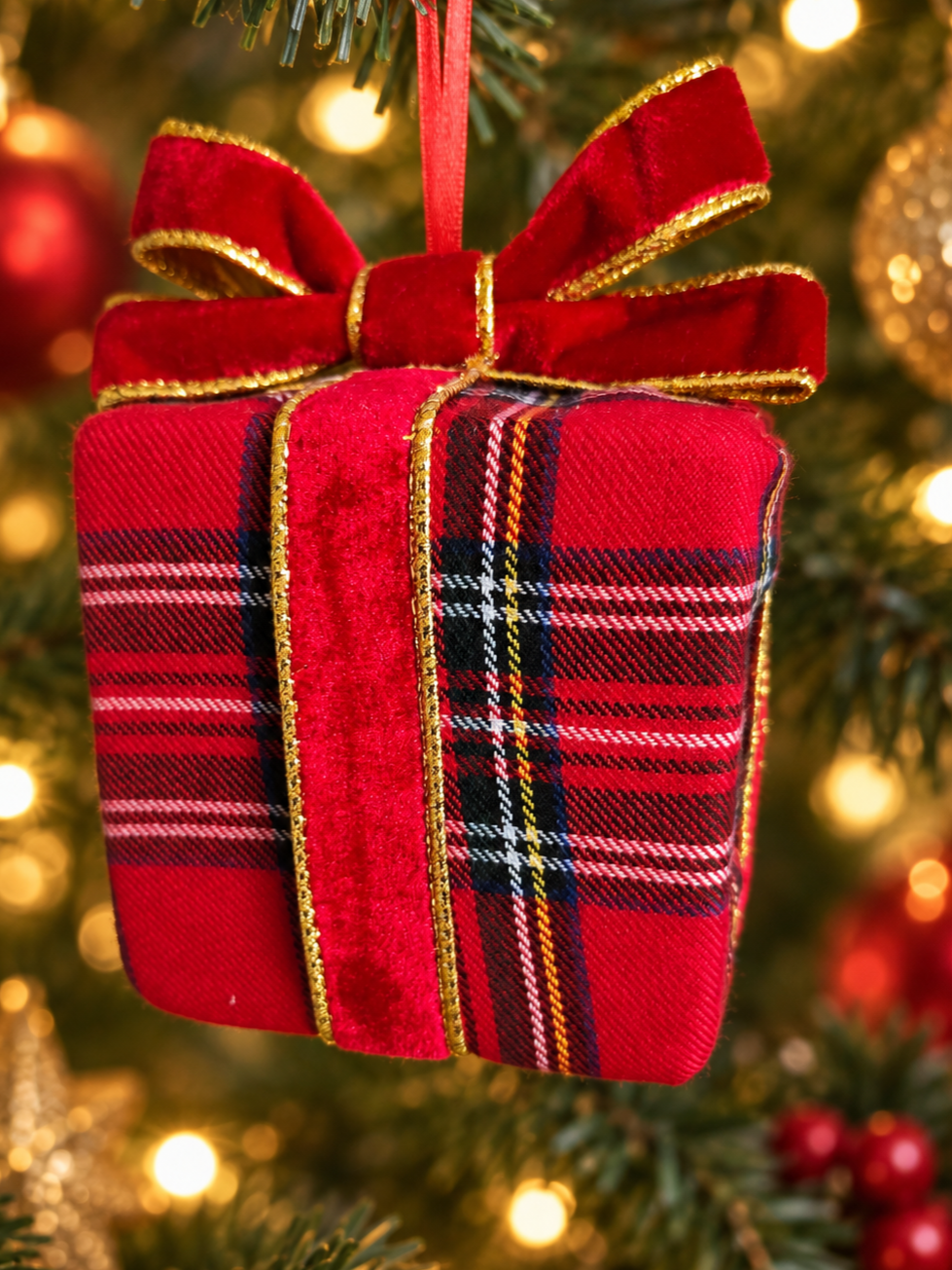 Handmade Stuart Red Tartan  Present Christmas Tree Decoration – Green and Gold Gift Ornament