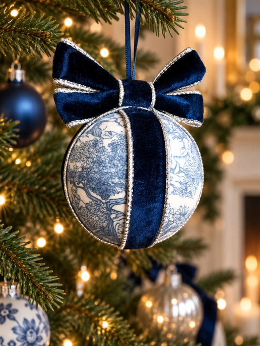 Blue Toile de Jouy Handmade Christmas Tree Bauble Decorations Round
