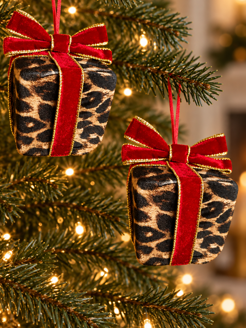 Leopard Print Christmas Bauble with Red Bow Present