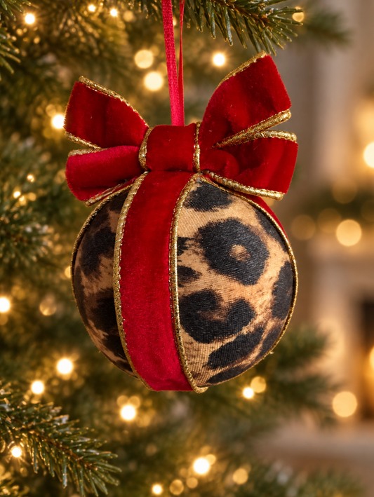 Handmade Leopard Print Christmas Bauble with Red Velvet Bow – Round
