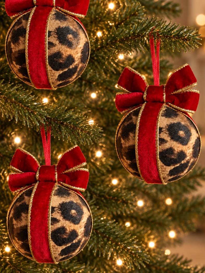 Handmade Leopard Print Christmas Bauble with Red Velvet Bow – Round