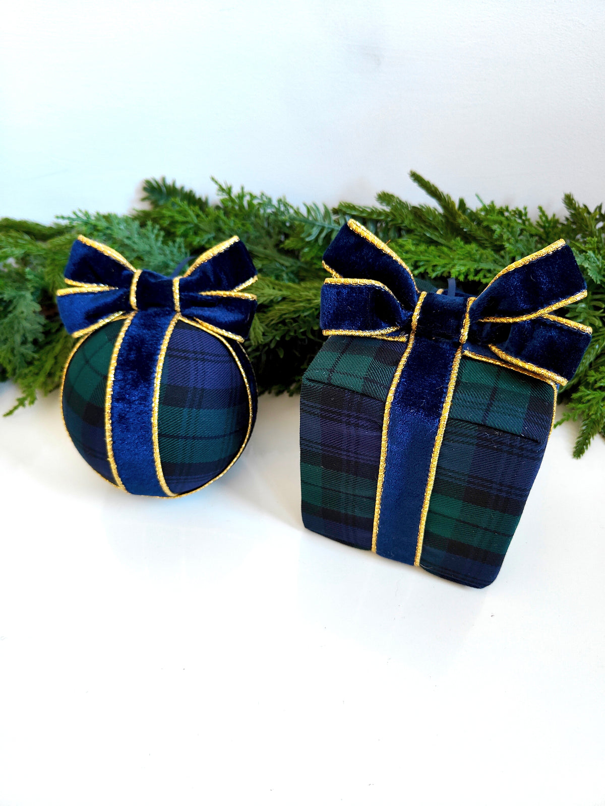 Navy Black Watch Tartan Christmas Bauble with Velvet Bow Present
