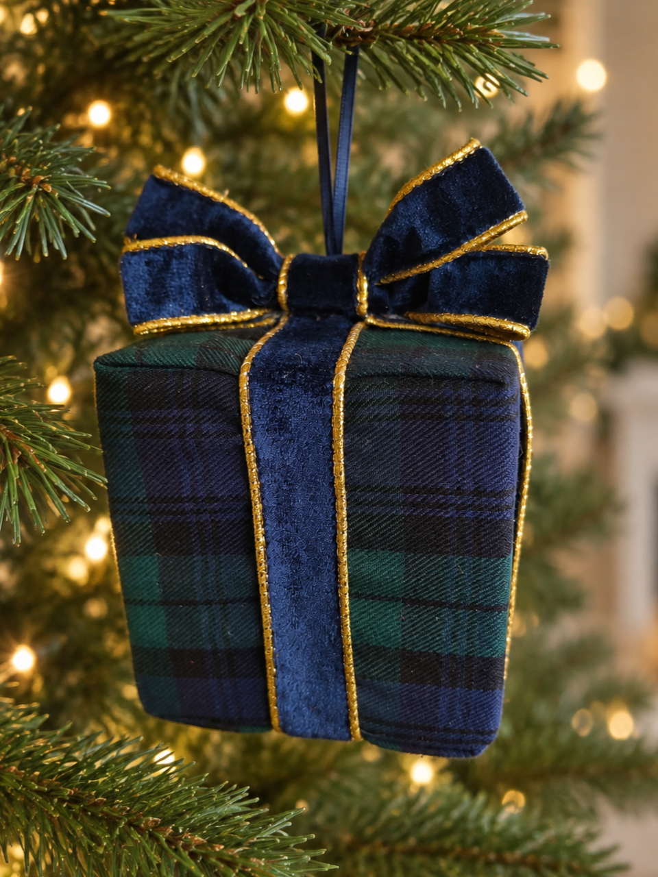 Navy Black Watch Tartan Christmas Bauble with Velvet Bow Present